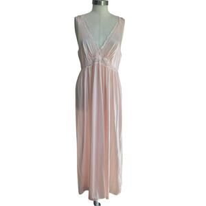 Lorriane 1980s Vintage Pink Nylon Lace Sweep Romantic Slip‎ Nightgown Size L